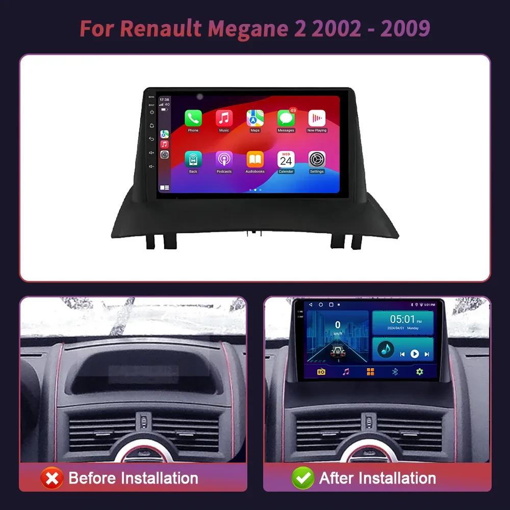 Car Radio For Renault Megane 2 2002-2009 Android 14  Carplay GPS Navigation Multimedia 4G Rear Camera 2 Din Touch Screen Stereo