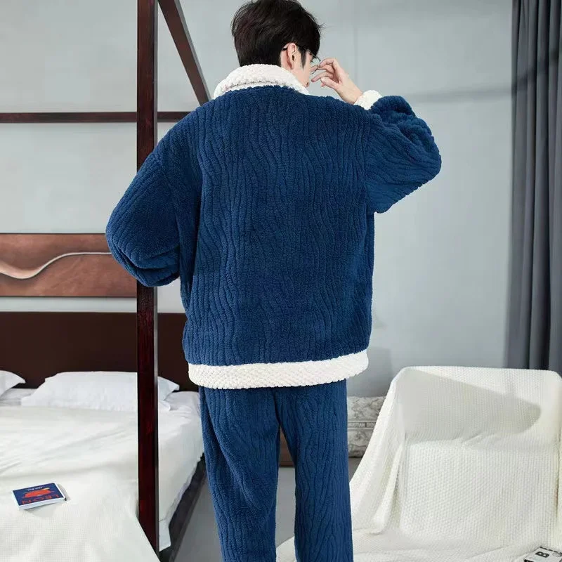 

Winter Thick Warm Flannel Pajama Sets For Men Coral Velvet Sleepwear Turn-Down Collar Zipper Men's Sleep Nightwear Home Clothes