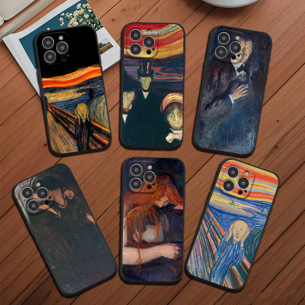 Art Edvard Munch Painter Phone Case for iPhone 12 11 13 14 15 16 Max Pro Plus Black Soft Silicone shell