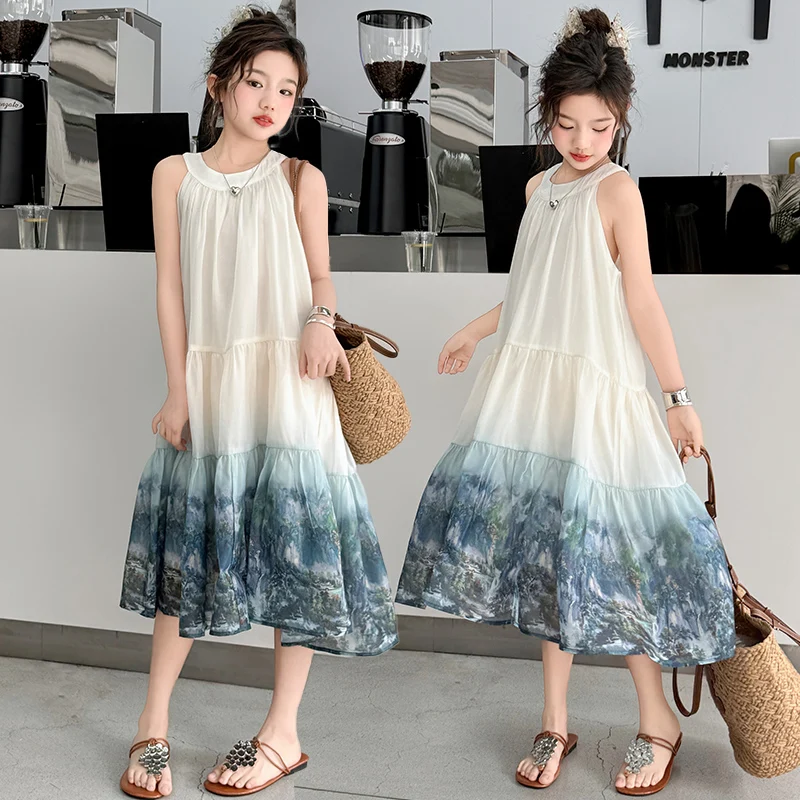 Girls Long Dress Summer Lace Up Fashion Children Beachwear Romantic Vacation Dress Kids Sleeveless Floral Princess Dress