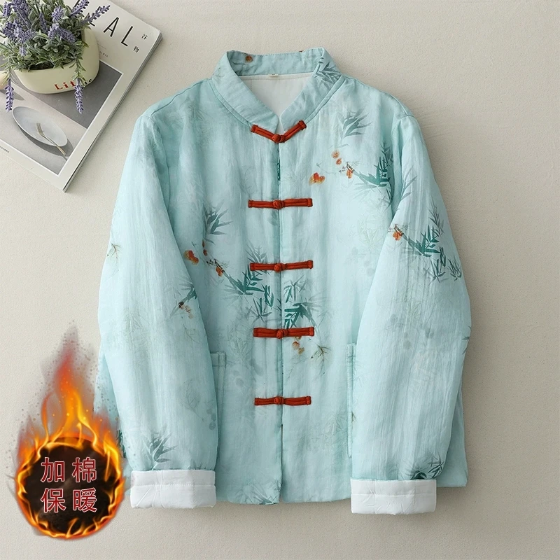 

New Chinese Style Outerwear Frog Buttons Cotton Linen Printed Padded Coat Women Winter Retro Loose Long Sleeve Thick Warm Jacket