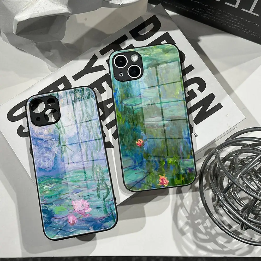 

Claude Monet Water Lilies Oil Painting Phone Case Tempered Glass Shell FOR IPhone 16ProMAX 17Pro Air 15 16 Plus 13 Pro MAX Cover