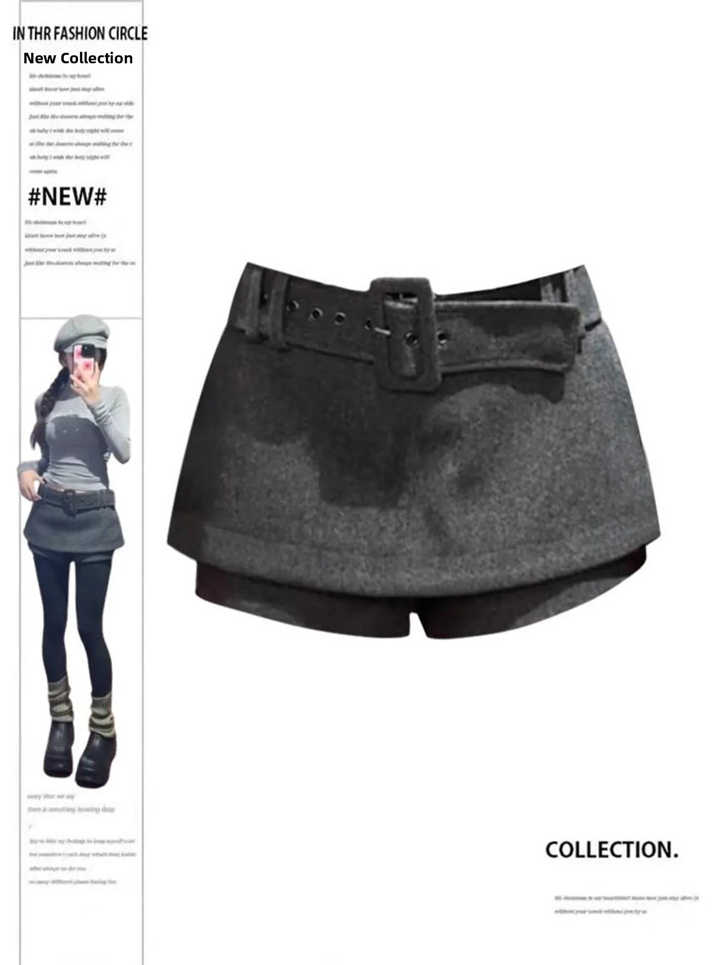 

Gray Woolen Skirt for plus Size Women Retro Style Slimming High Waist Spring New Arrival Trendy Girl Short Skirt