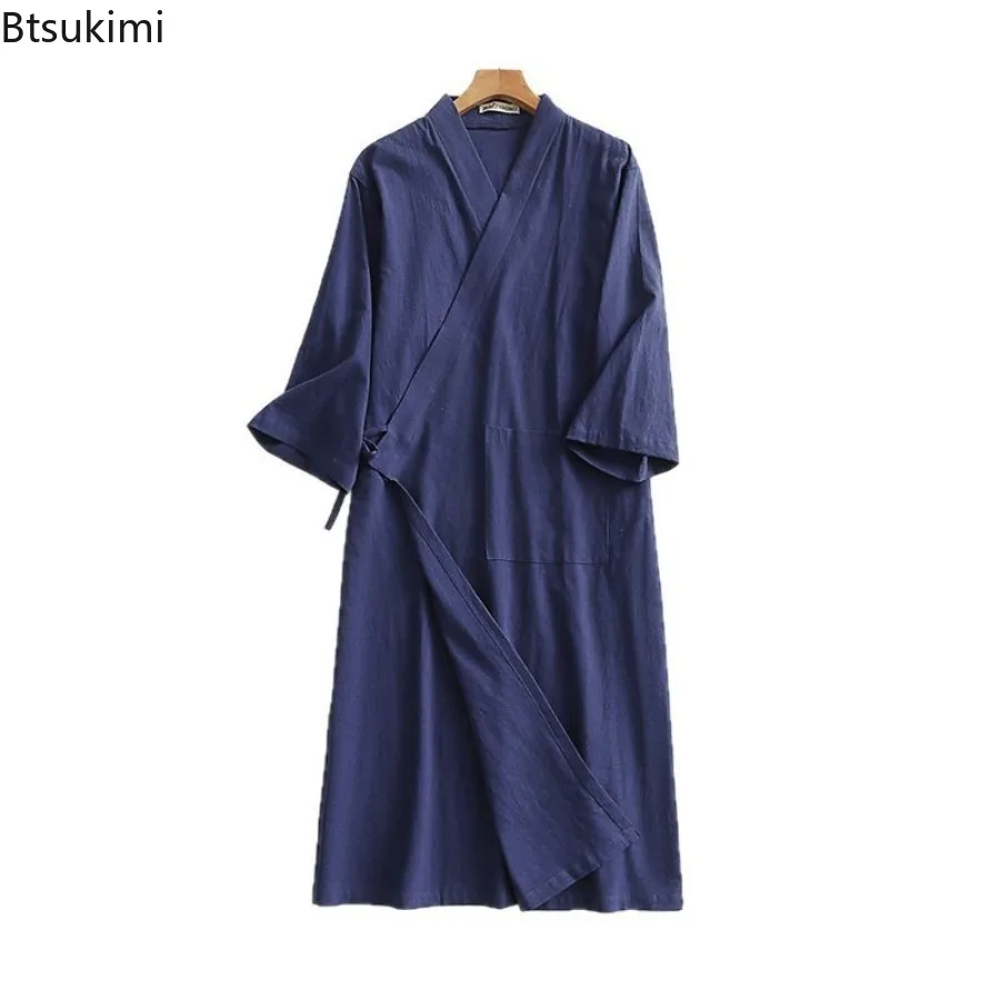 New 2025 Kimono Robe Men's Cotton and Linen Crepe Bathrobe Kimono Robes for Men Casual Loose Solid Color Short Sleeved Robe Male