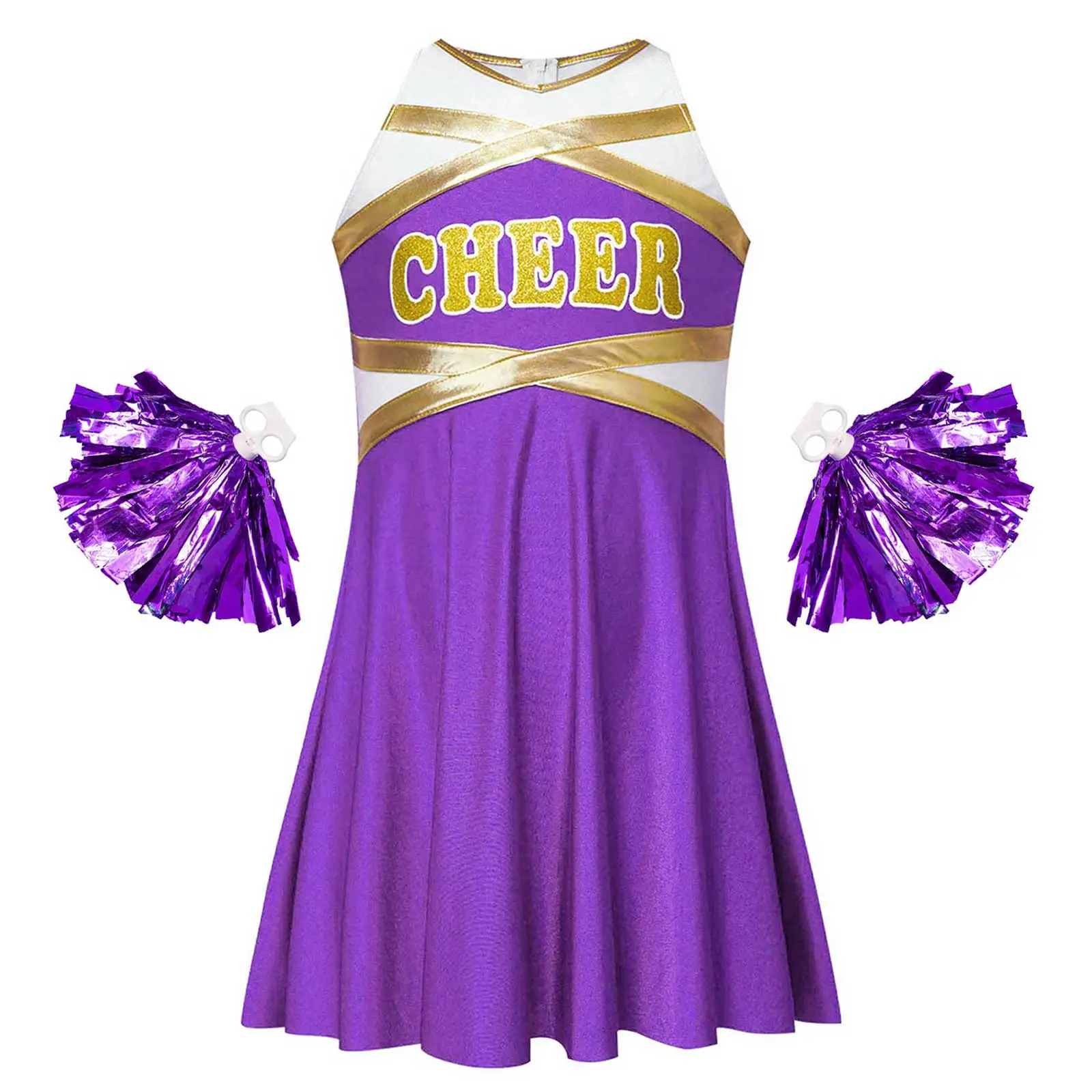 Girls Cheerleader Dance Performance Costume Cheerleading Uniform Dress Sleeveless V-neck Letter Print Metallic Patchwork Dresses