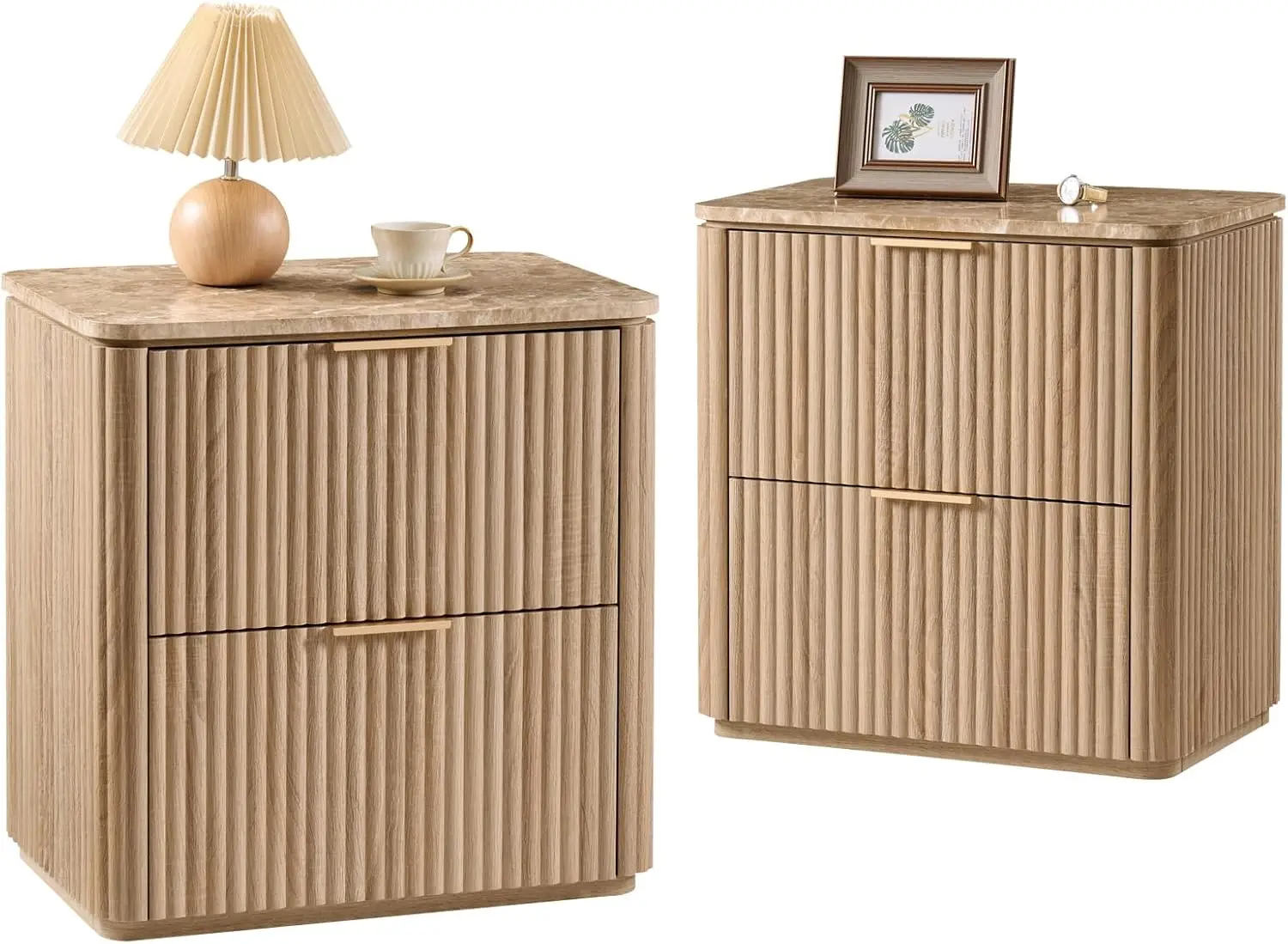 

Fluted Nightstand Set of 2, 23" W Night Stand with 2 Drawers, Wood Bed Side Table with Faux Marble-Top, Curved Corner, Metal Han