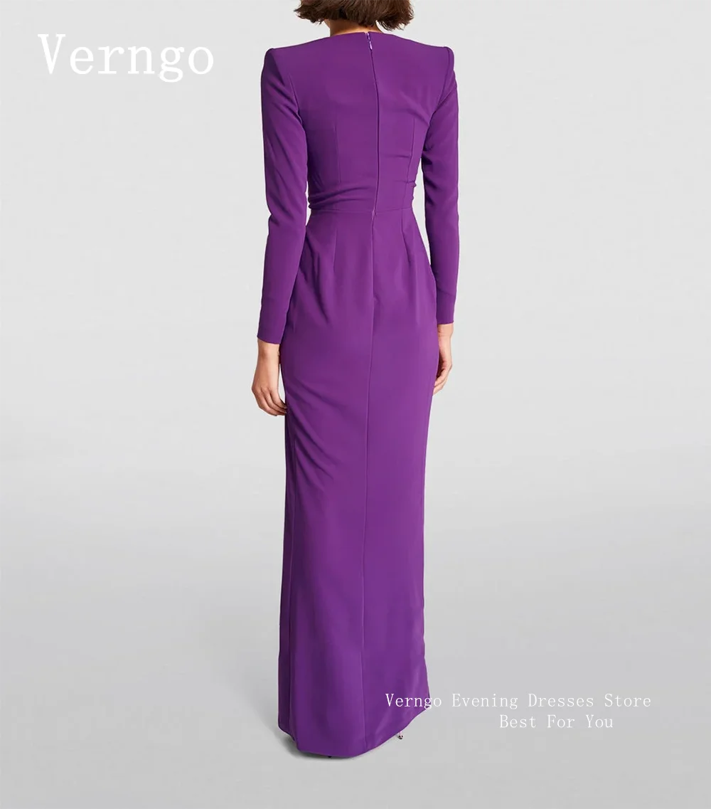 Verngo Purple Crepe Evening Dress Deep V Neck Full Sleeves Prom Gown Simple Mermaid Formal Occasion Dress Outfit