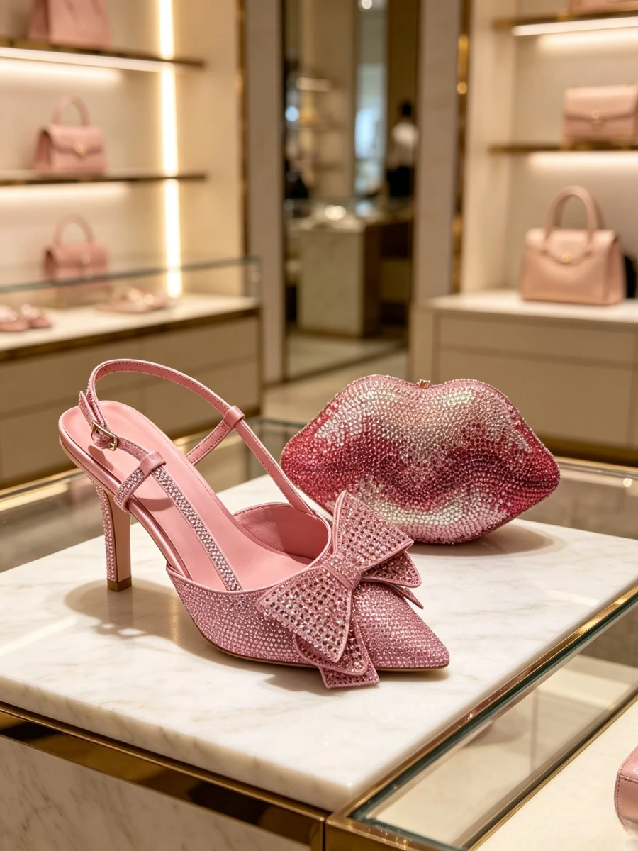 

2026 Pink Thin Strap Bow Rhinestone Heels & Gradient Lips Crystal Clutch Bag Set Women Runway Party Evening Fashion Dress Shoes