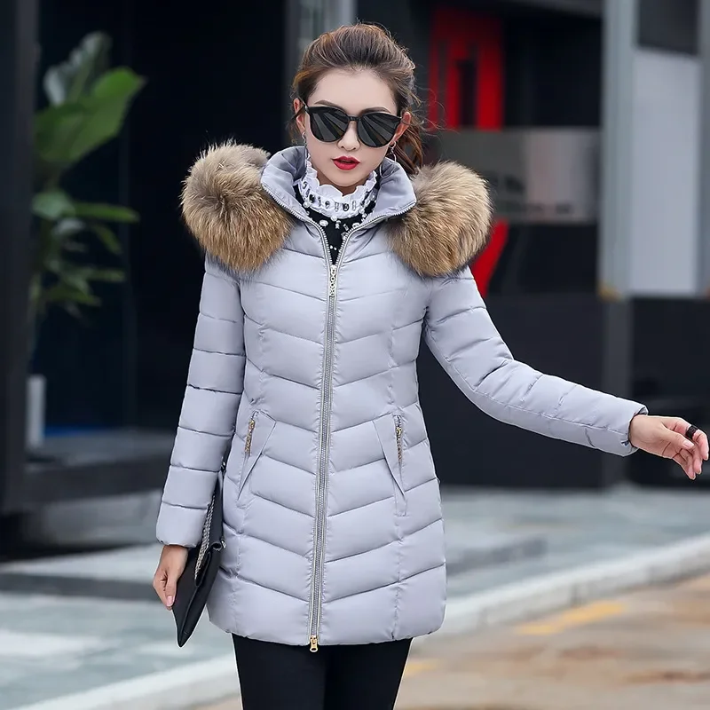 

Sigutan 2023 Winter New Women Down Jacket Woman Long Zipper Slim Coats Big Fur Collar Female Hooded Padded Parka Jacket