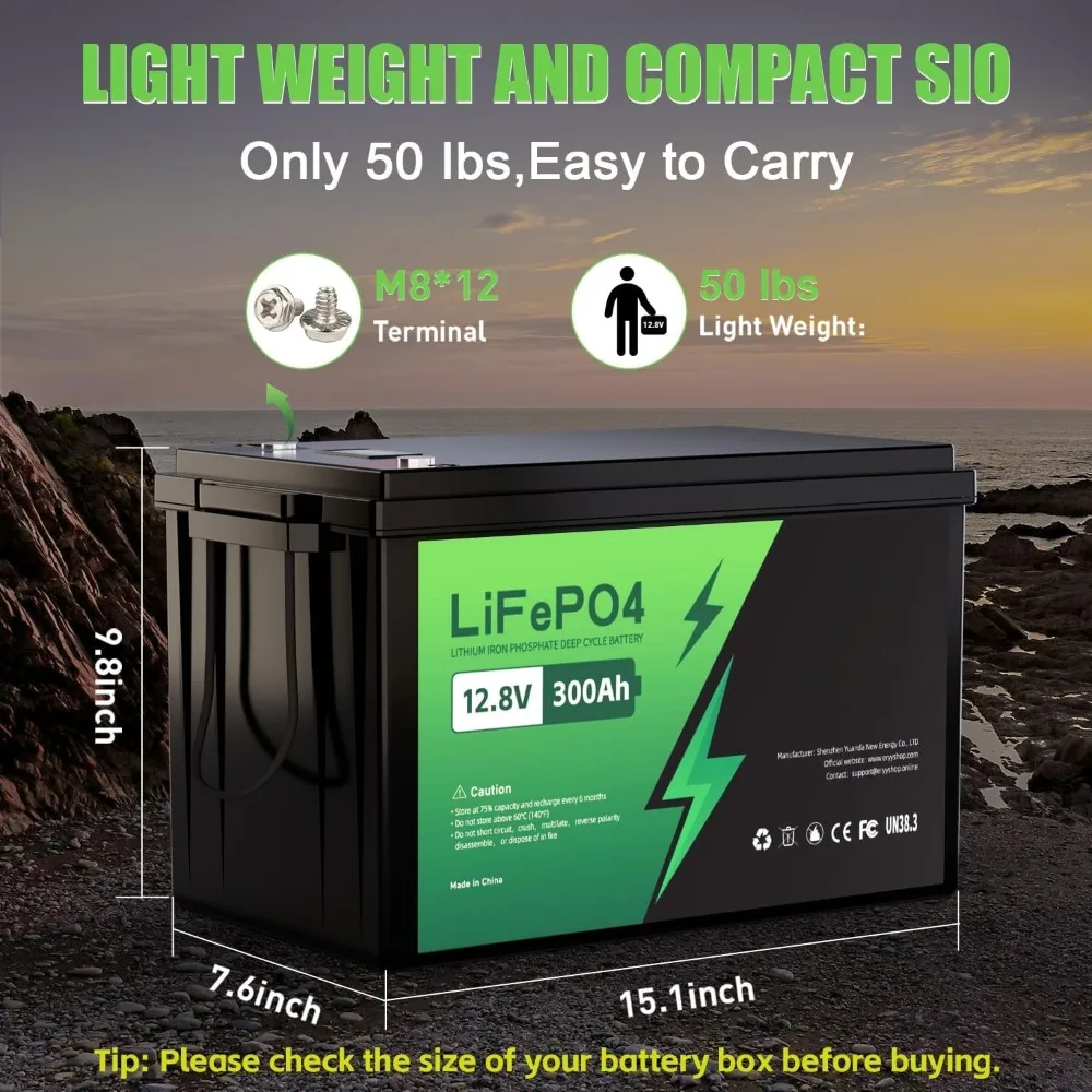12V 300Ah LiFePO4 Battery, 12V Lithium Battery with 200A BMS, 3840Wh Energy, Deep Cycle Battery, Lithium Iron Phosphate Battery