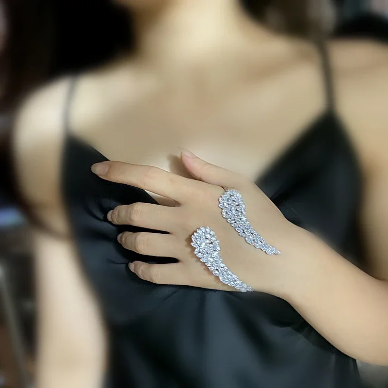 Plant Leaf Crystal Hand Palm Bangle 925 Silver Color Cubic Zirconia Cuff Bracelet Prom Jewelry Handlets For Women