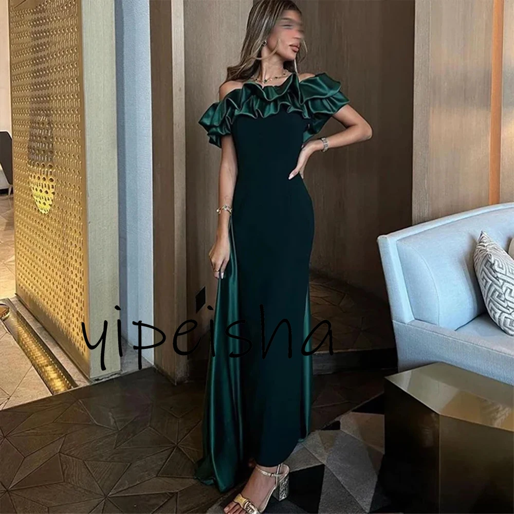 Customized Elegant Green Satin Prom Dress Pleat With Sweep Train Off The Shoulder Ankle Length Special Party Evening Dresses