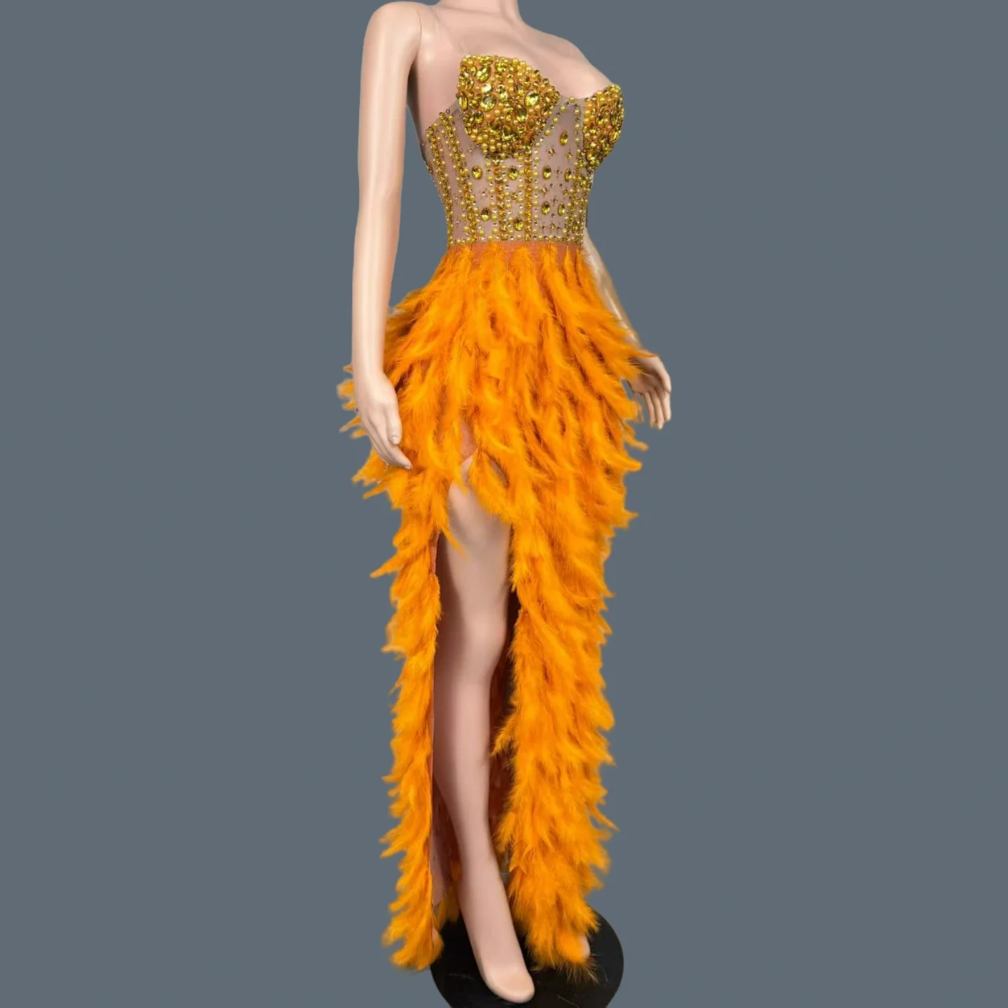 

Golden Crystals Orange Feather Side Slits Long Dress Luxury Off shoulder Evening Dress Birthday Party Photo Shoot Wear Chengyu