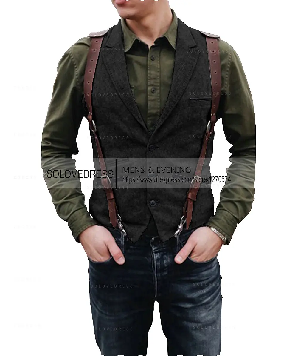 Deep V-Neck Men's Suits Vests Single Breasted Wool Tweed Waistcoat Groosman For Wedding Business Formal Vest