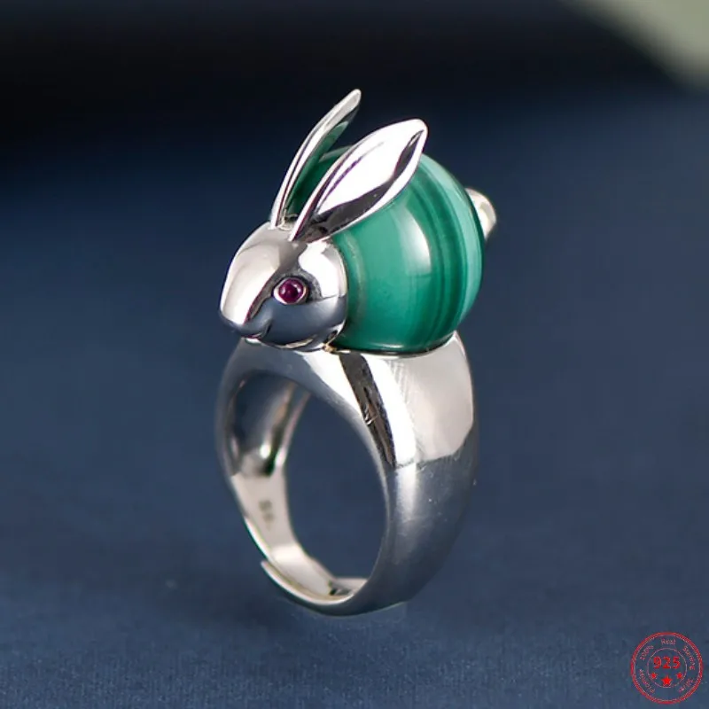 Genuine S925 Sterling Silver  for Women New Fashion Personality Malachite Cute Little Rabbit Ethnic Style Wide Rings Jewelry