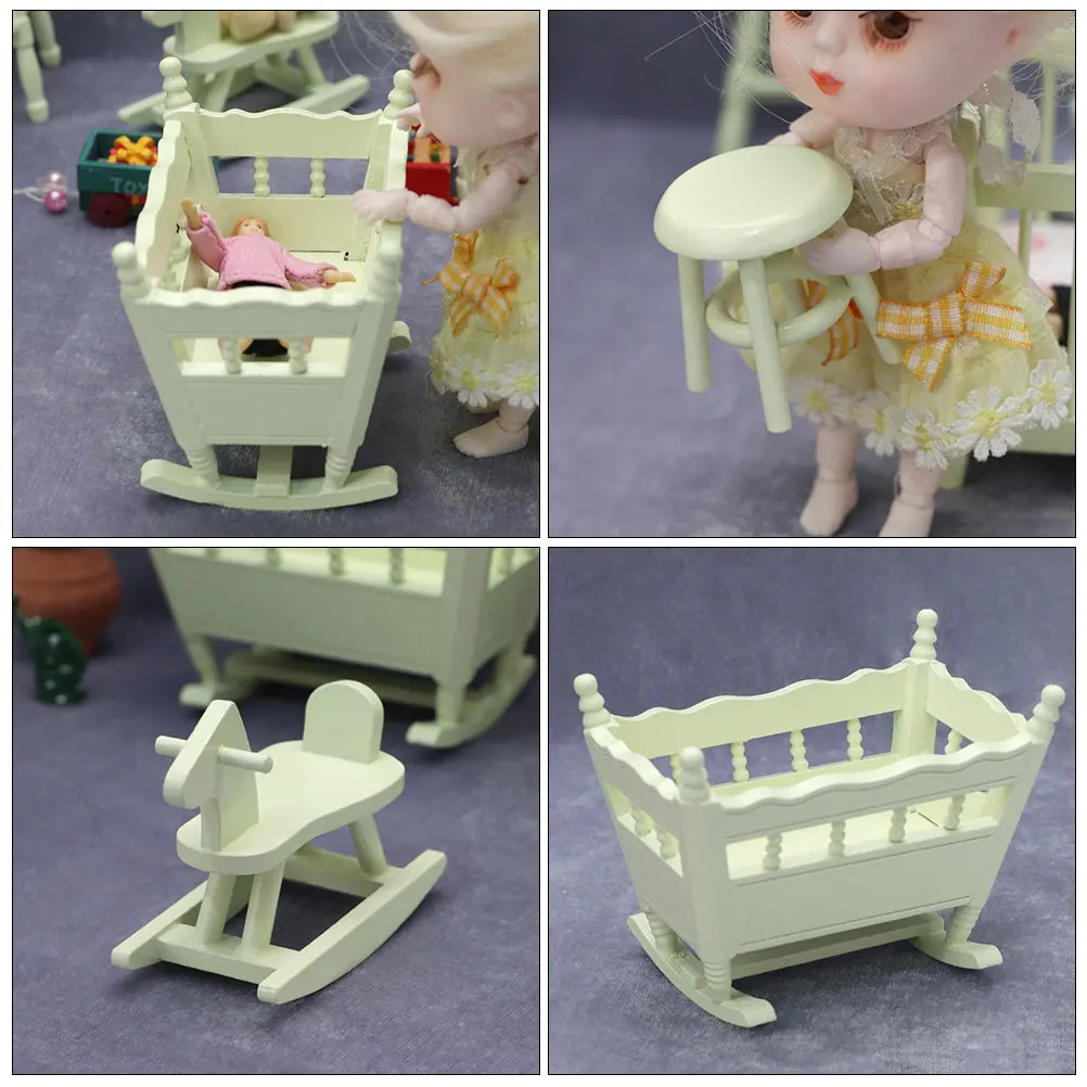 

Набор миниатюрной деревянной мебели для кукольного домика: Прочная, очаровательная колыбель, декоративный табурет, аксессуар для декора мини-домика, украшение для рабочего стола