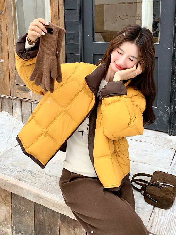 

Оранжево-желтая женская пуховая куртка: теплая, модная, антивозрастная, зимняя верхняя одежда свободного кроя