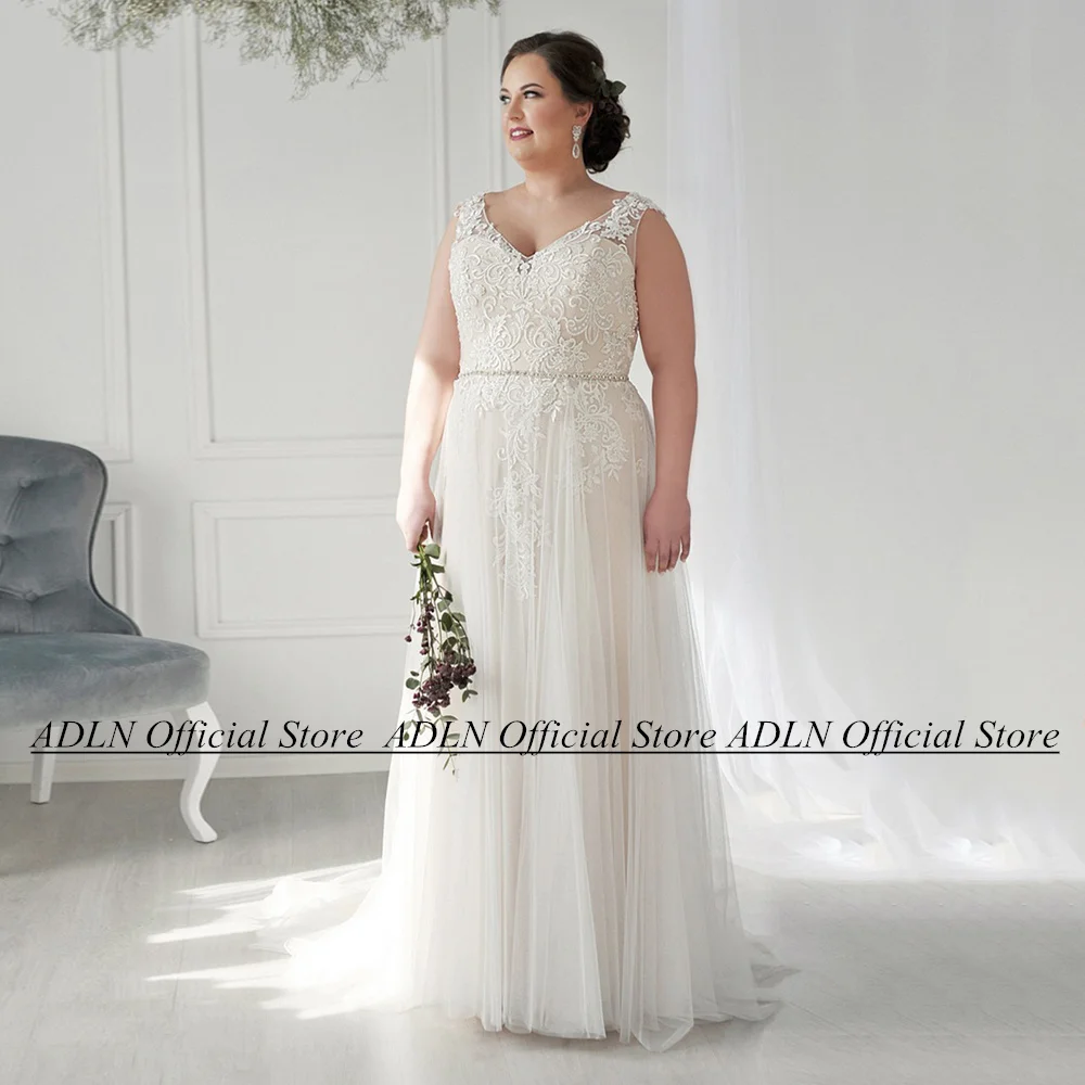 

ADLN Plus Size Wedding Dress V Neck Cap Sleeve Applique Tulle A Line Sweep Train Corset Bridal Gown Beading Belt Robe Mariee