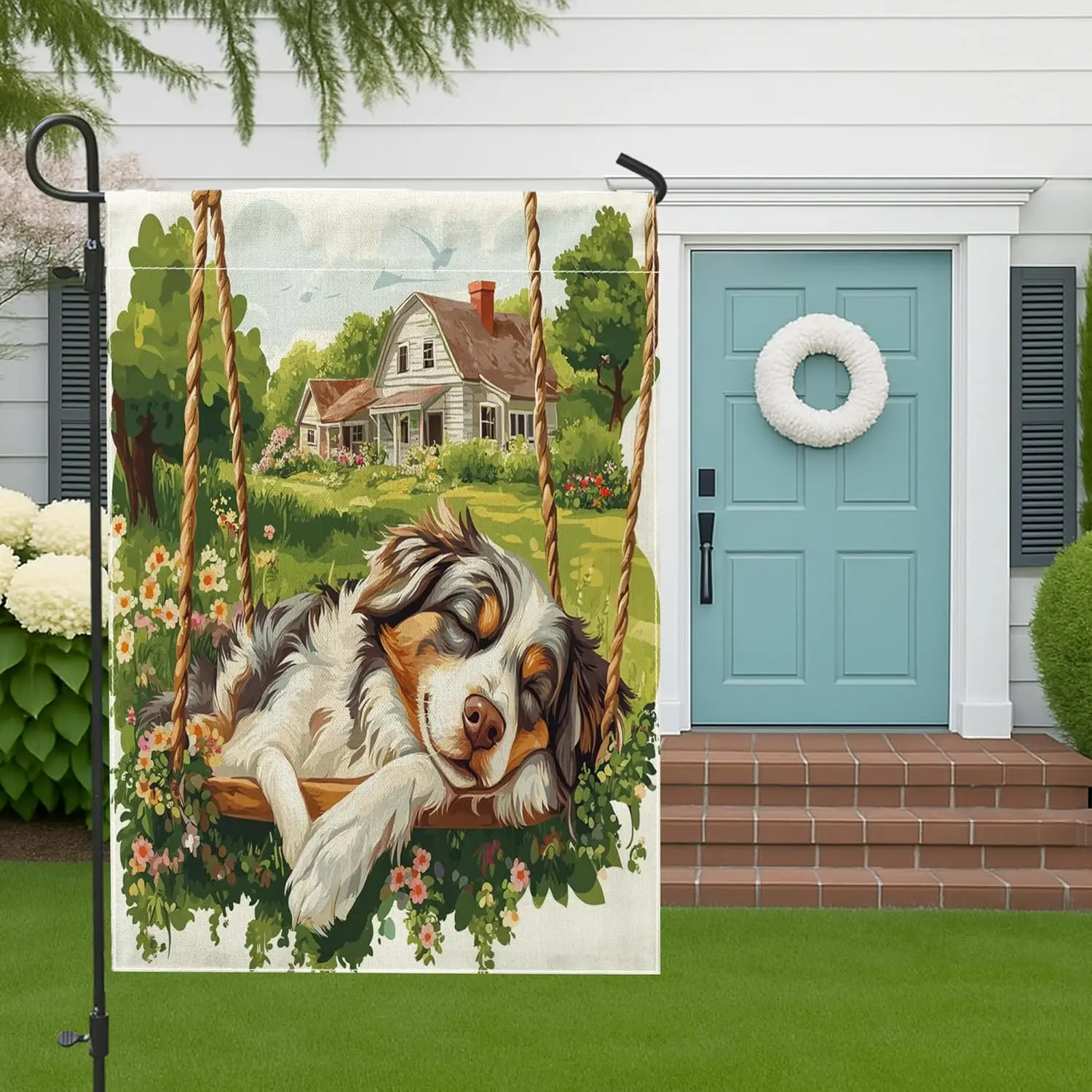 Spring Australian Shepherd Dog Garden Flags 12x18 Inch Double Sided for Outside, Farmhouse Swing Puppy Pattern Standard Canv ZZM