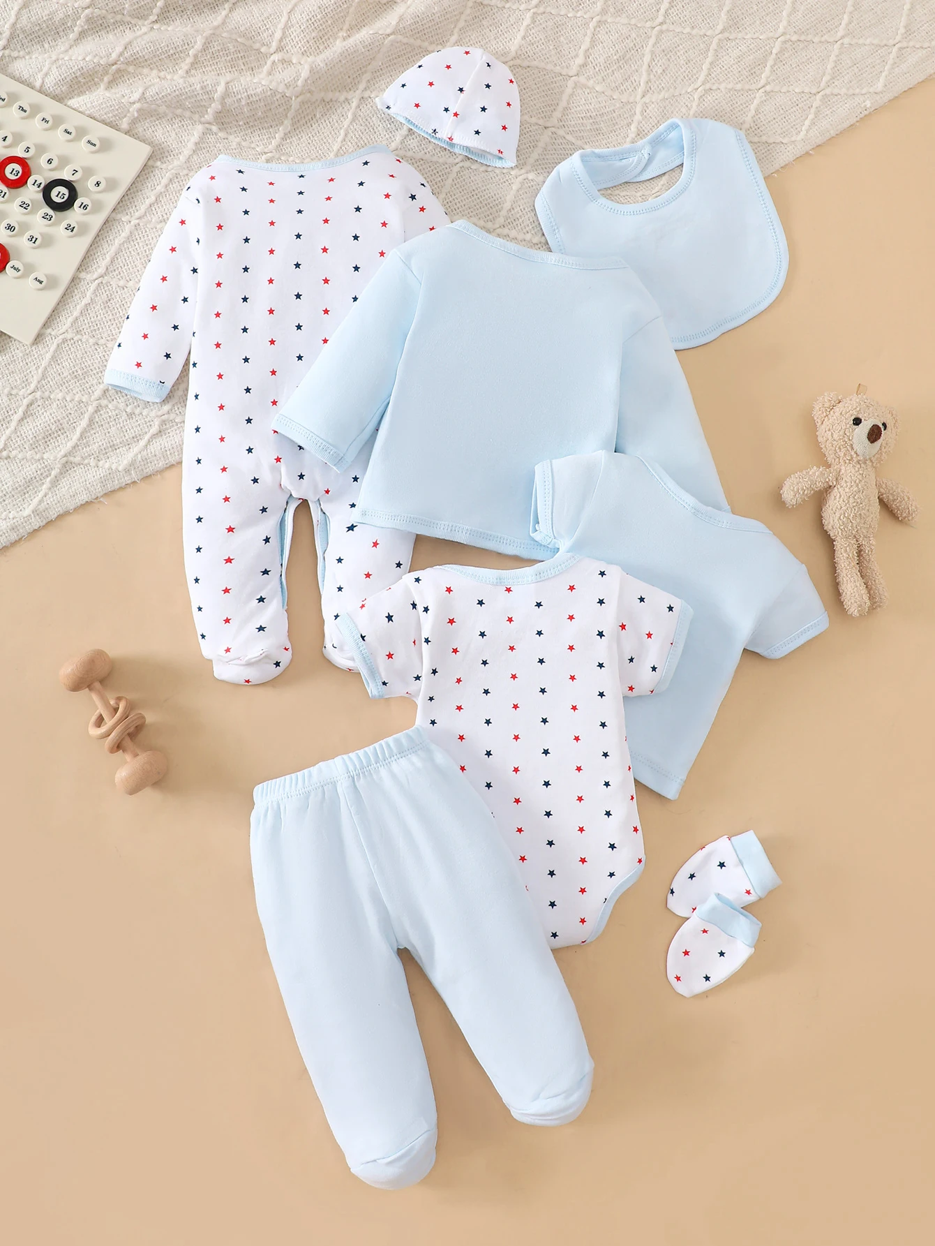 8-Piece 100% Cotton Newborn Baby Bodysuit Set, Light Blue with Cute Bear Prints, Soft & Breathable, Ideal for Sleeping & Crawlin