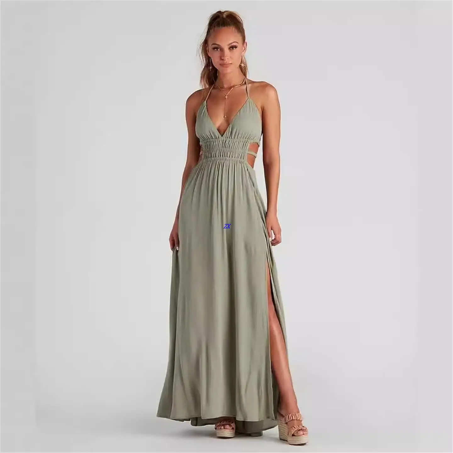 Ele décontracté longue bretelles Dr été trajet fendu fée jupe Sle pas de marque taille moyenne pas de Sve t-shirt fibre d'acétate