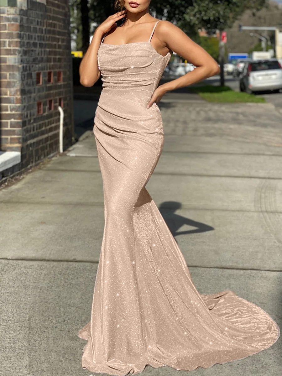 Fashion Women Sparkle Sapghetti Slip Evening Dress Backless Mermaid Wedding Dress Elegant Floor Length Bridesmaid Vestido Robe