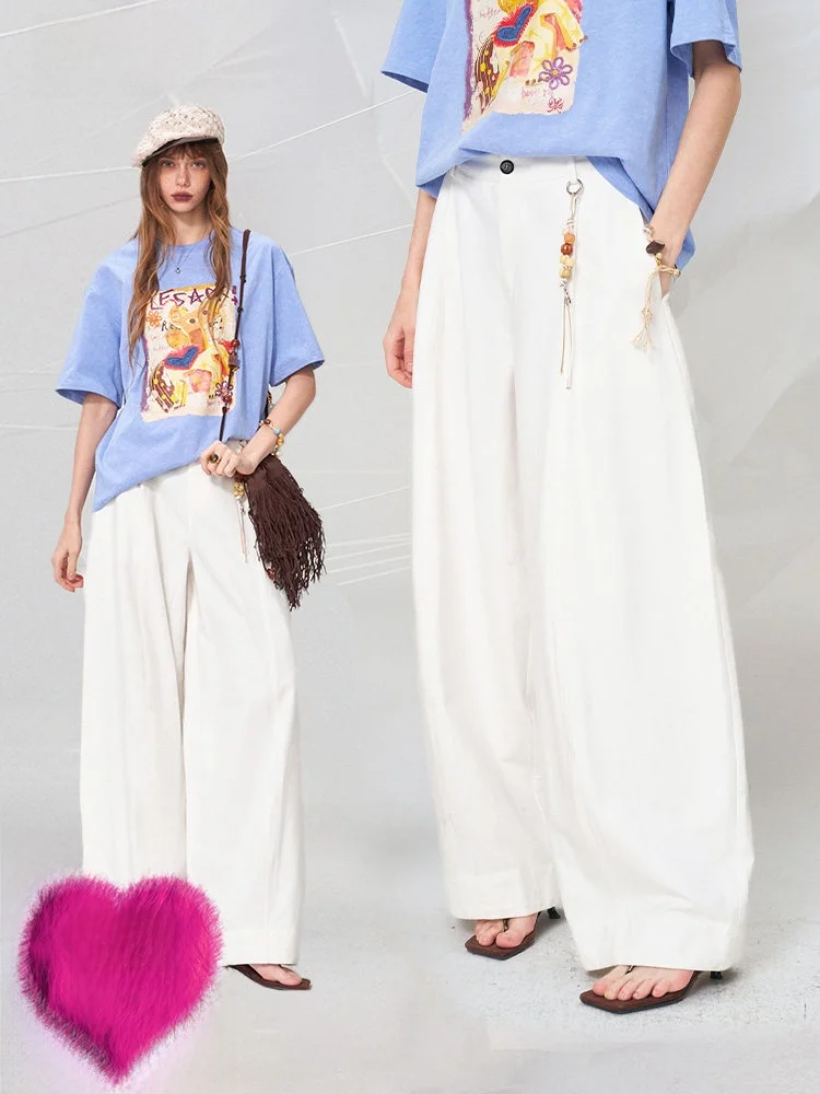 

Elegant High Waist Wide Leg Pants Casual Cotton Loose Fit Straight Cut Daydreaming White Women's Summer Trousers