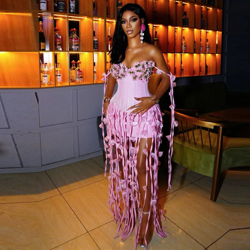 Elegant Tassels Mermaid Prom Dress Off-Shoulder Beads Appliques See-Through Evening Party Gown Birthday Dress Customized