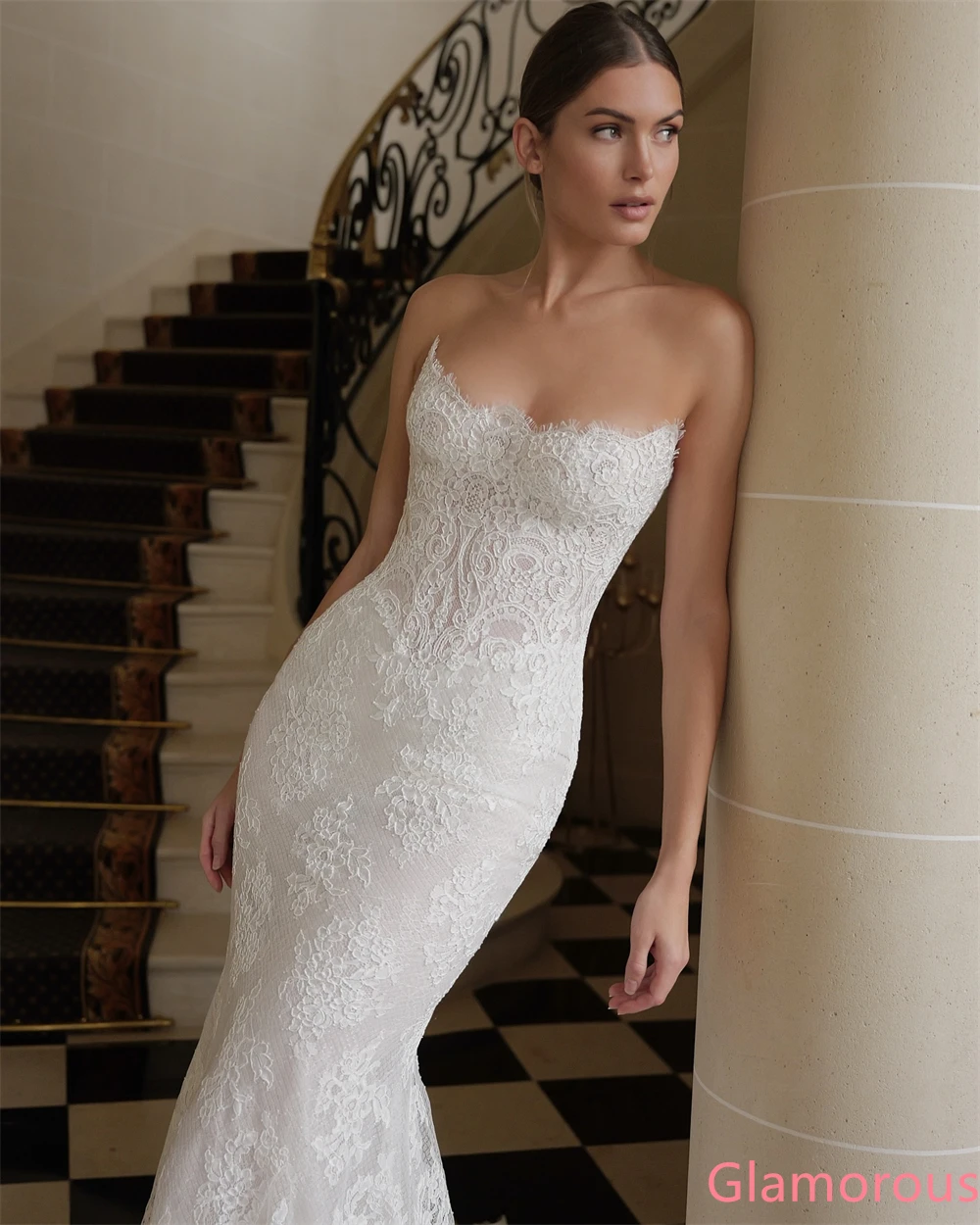 فستان سهرة رائع من الدانتيل الأبيض مخصص حورية البحر بدون حمالات فستان زفاف عالي الجودة أنيق بسحاب خلفي #6