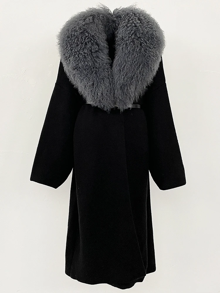 2025 겨울 가디건 여성용 진짜 몽골 양털 스웨터 롱 웜 벨트 의류 여성 패션 트렌디 의류