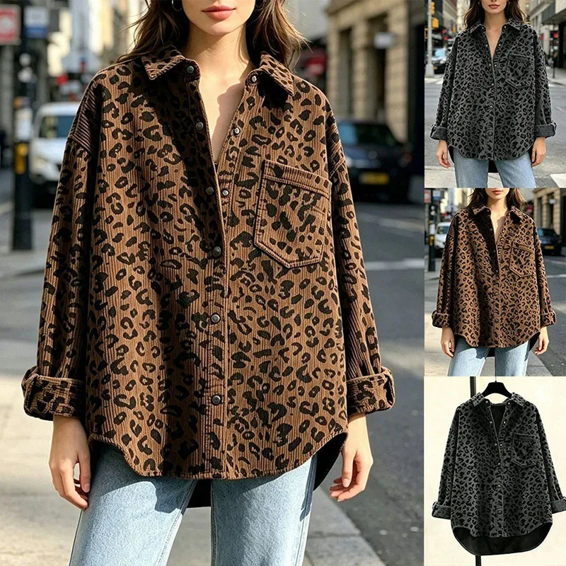 Vintage Leopard Printed Corduroy Shirts Female Autumn Winter with Pocket Loose Shirt Outwear Streetwear Y2K Oversize Blouses