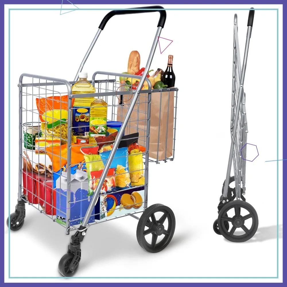 

Heavy Duty Folding Shopping Cart, 115L Capacity, 360° Swivel Wheels, Foldable Trolley for Grocery and Laundry