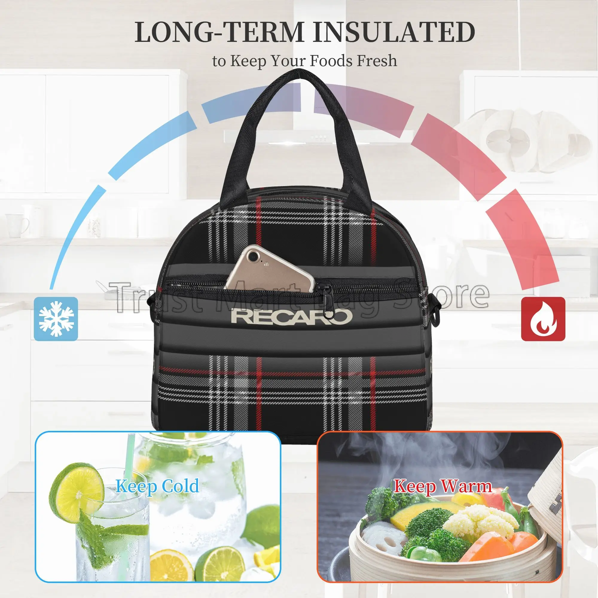 Recaros Logo Print Lunch Bag with Shoulder Strap Insulated Tote Bag for Office Food Storage Portable Thermal Cooler Bento Box