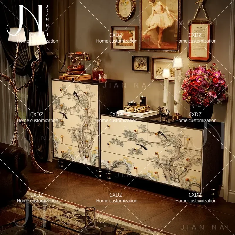 French Chinese style six-chest cabinet, sparrow on the branches, living room sofa side drawer type five-bucket storage