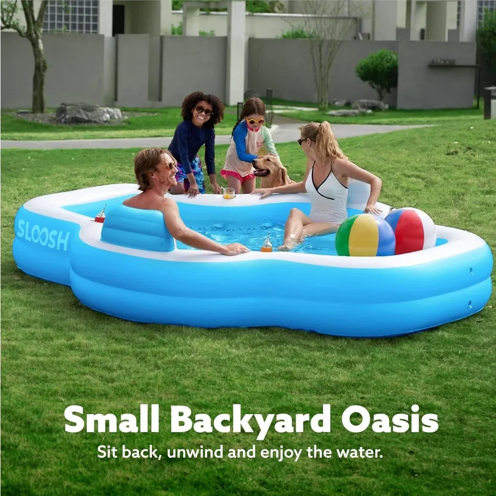 

Надувной бассейн для семьи с сиденьями, прочный утолщенный надземный бассейн 120 x 101 x 26 дюймов со спинкой и подстаканниками