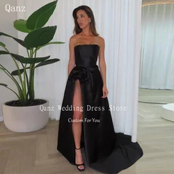 Qanz Black High Slit Evening Dresses Lace Up Back Satin Vestido De Noche Elegante Mujer A Line Prom Dresses Customized