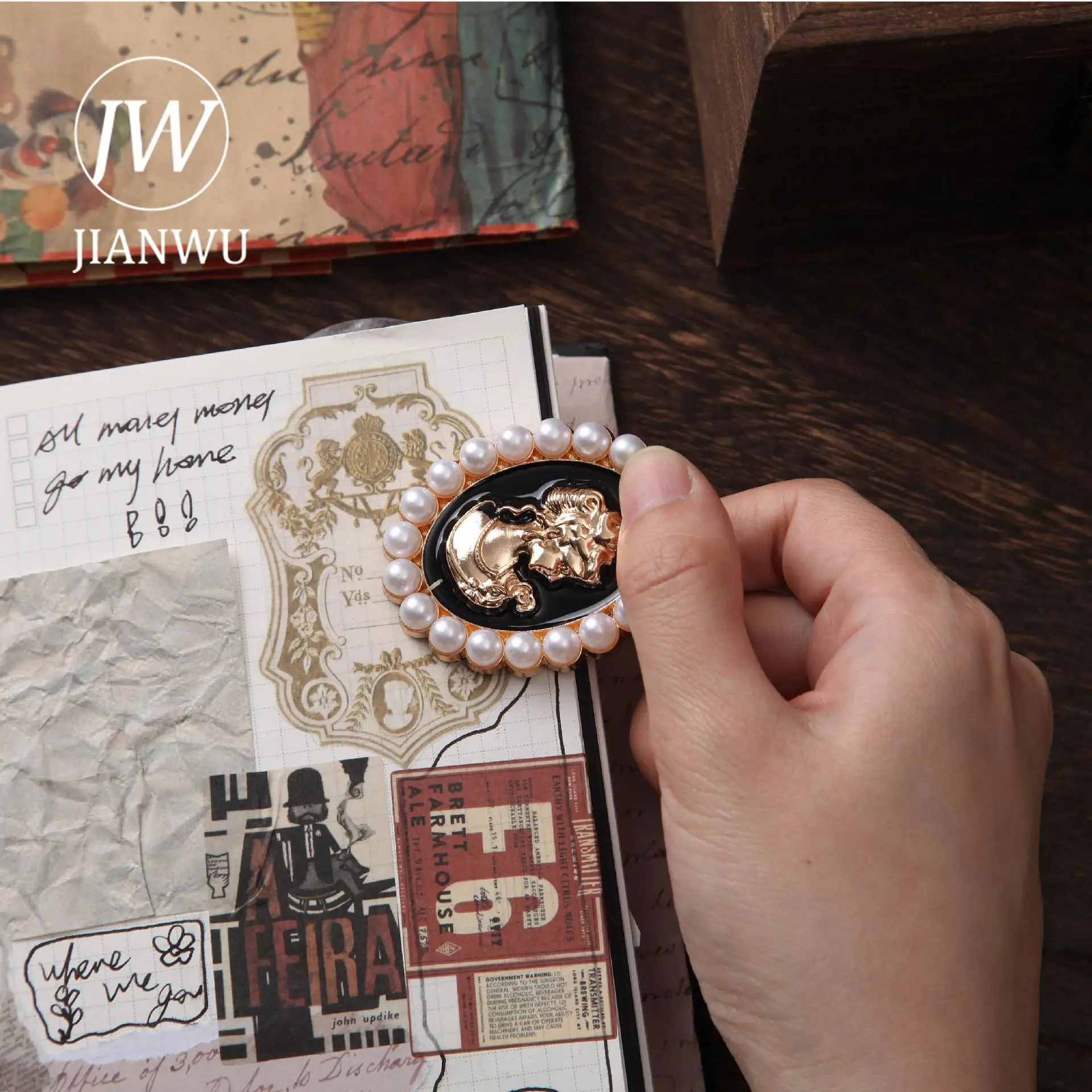 JIANWU camelia Beauty Series Vintage Pearl Flower Landscaping Material Clip in metallo Creative DIY Journal Stationery