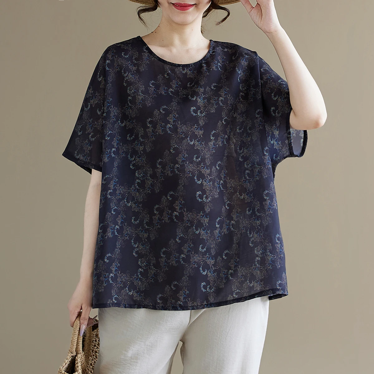 

High-End plus Size Women's Cotton Linen Base Shirt round Neck Overhead Loose Top T-Shirt Comfortable Fit Artistic Style Commute