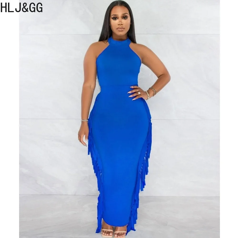 

HLJ&GG Fashion Solid Tassels Bodycon Long Dresses 2024 Women Round Neck Sleeveless Slim Vestidos Sexy Lady Clothing Streetwear