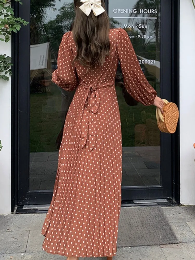 Damskie Sukienki Vintage w Kropki, Eleganckie Sukienki z Dekoltem w Serek, Wąskie Sukienki z Bufiastymi Rękawami, Sukienki na Wakacje, Bal, Wieczór, Nowe Stroje Damskie