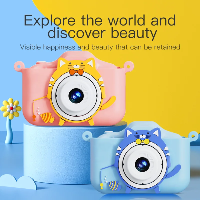 أطفال كاميرا صغيرة الكرتون القط لعب للفتيات الفتيان هدايا عيد ميلاد 1080P HD 2 بوصة شاشة مع غطاء من السيليكون سجل الحياة الكاميرا #3