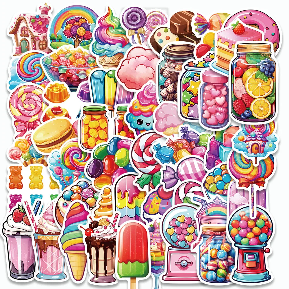 

50PCS Colorful Candy Sticker Ice Cream and Donuts Decals For Phone Guitar Craft Supplies Scrapbooking Material Kids Stationery