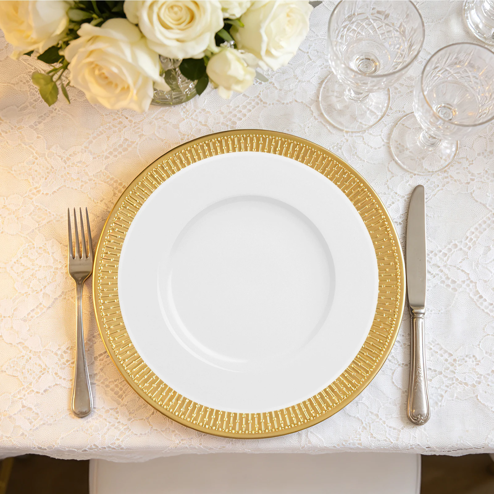50 Pack Gold Charger Plates 13 Inch Heavy Duty Round Decorative Plates for Table Setting Reusable PP Dinnerware for Wedding Reception Banquet Party Holiday Decor Event Supplies Not Microwave or Dishwasher Safe