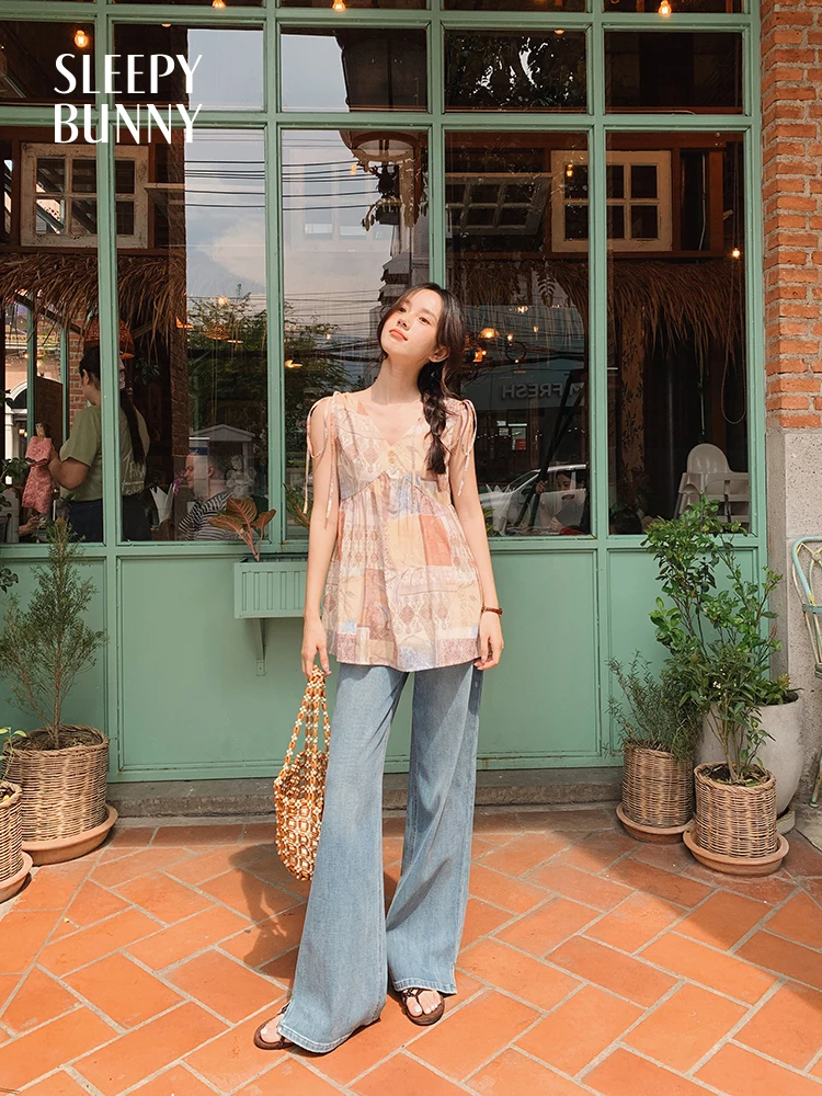 Vacation Style Printed Chiffon Camisole Top Women Summer Sleeveless Off Shoulder Strap Blouse Sweet Lightweight Flowy Tank Shirt