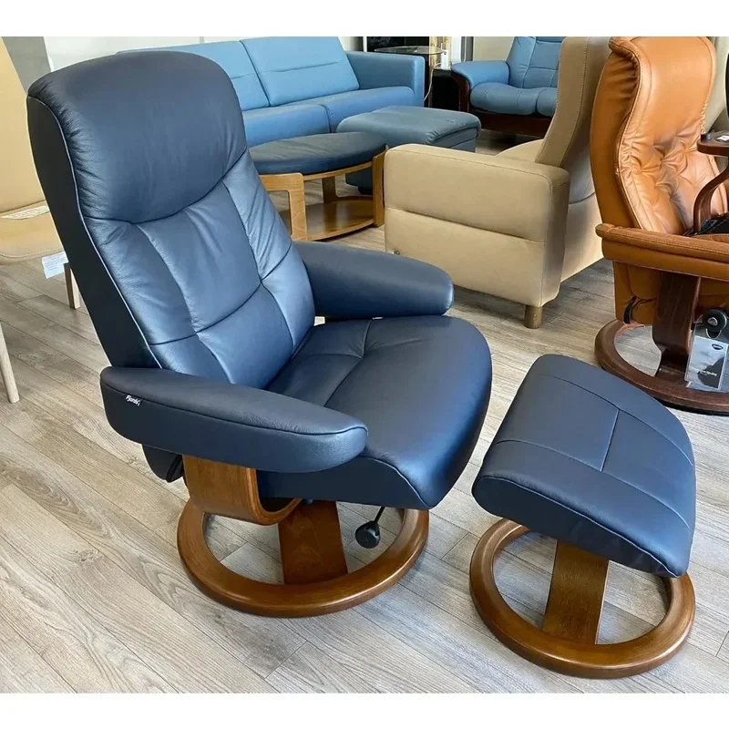 Ergonomic Lounge Reclining Chair in Navy Blue Leather with Cherry Wood Floor Sofa