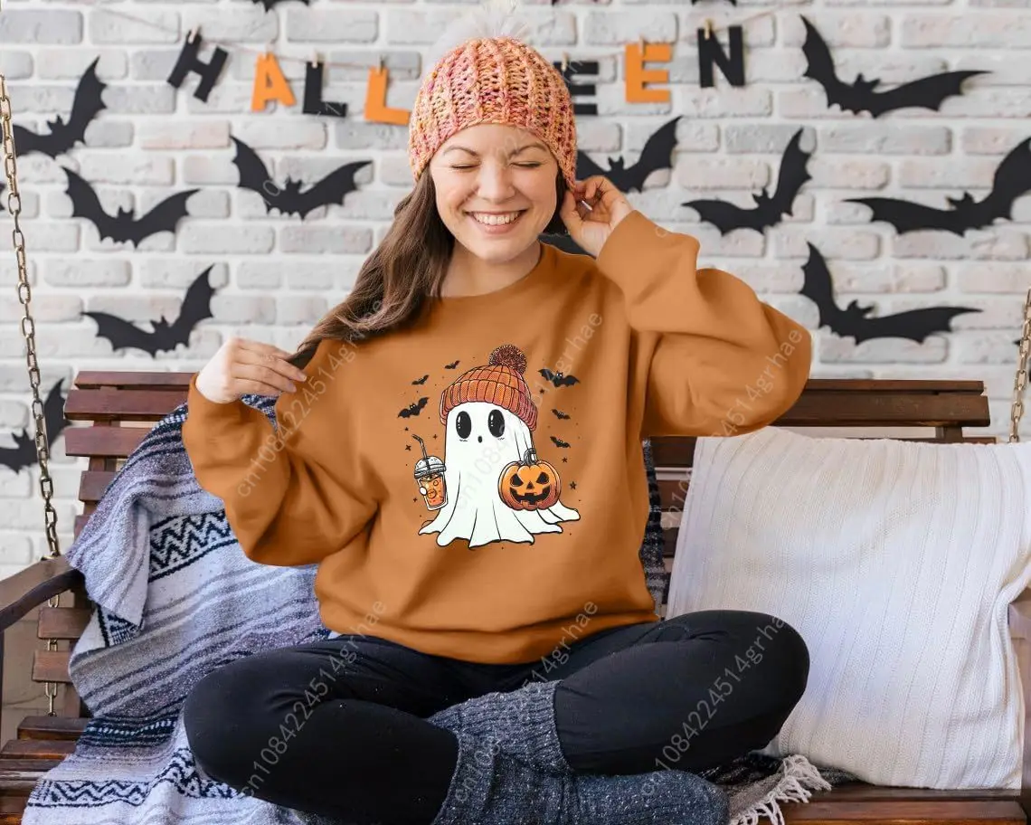 Bluzy na Halloween ASTANFY dla kobiet, koszulki z długim rękawem z motywem ducha i dyni, graficzne t-shirty dla miłośniczek kawy, jesienne, upiorne bluzy.