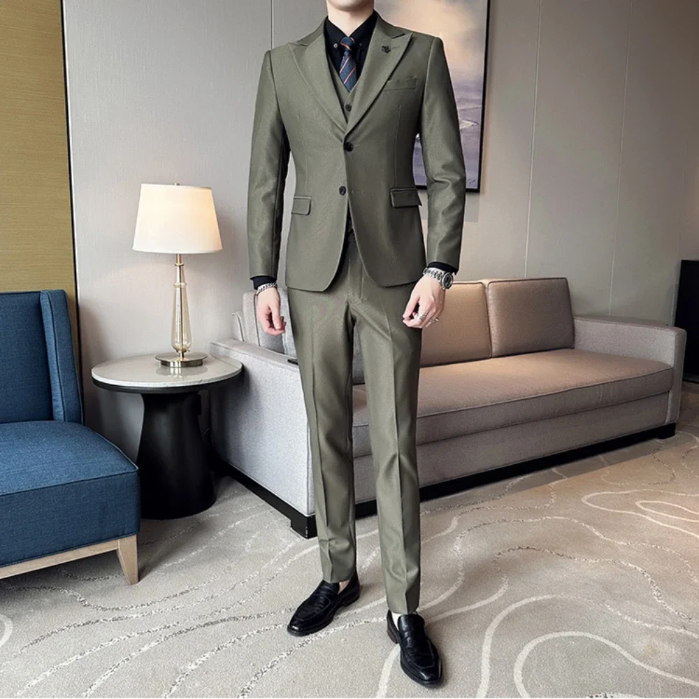 

3 Piece ( Jacket + Vest + Pants ) Spring Luxury Men High-end Suit Formal Groom Wedding Tuxedo Mens Work Party Slim Fit Suit