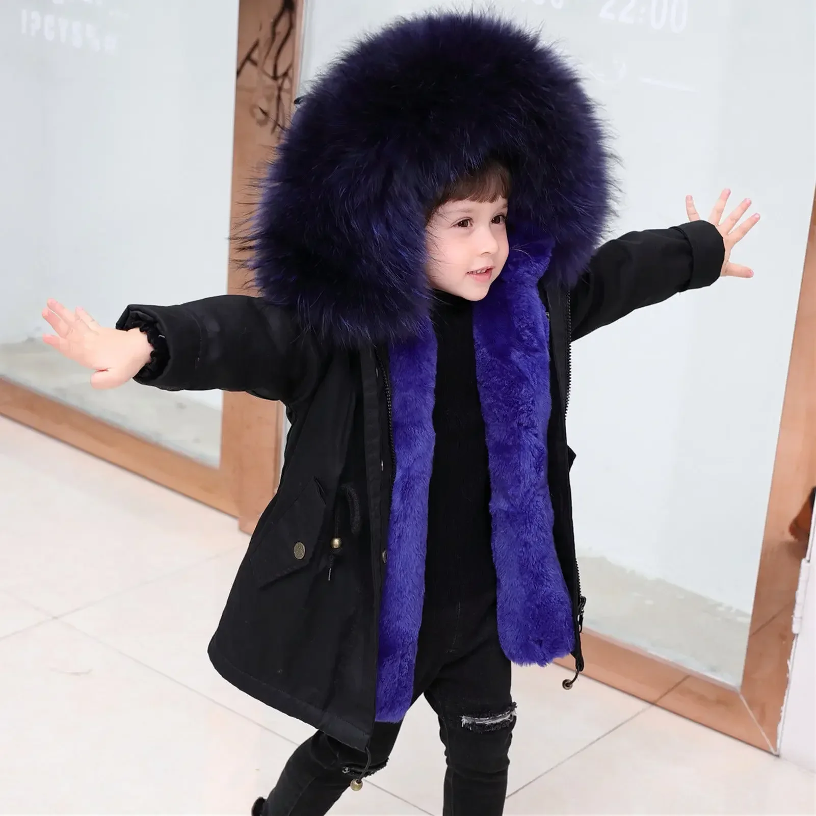 Children Winter Faux Fur Jacket Boy Girls Parka Snowsuit Teenager Kid Clothes Outerwear Detachable Imitation Furry Fox Fur Liner