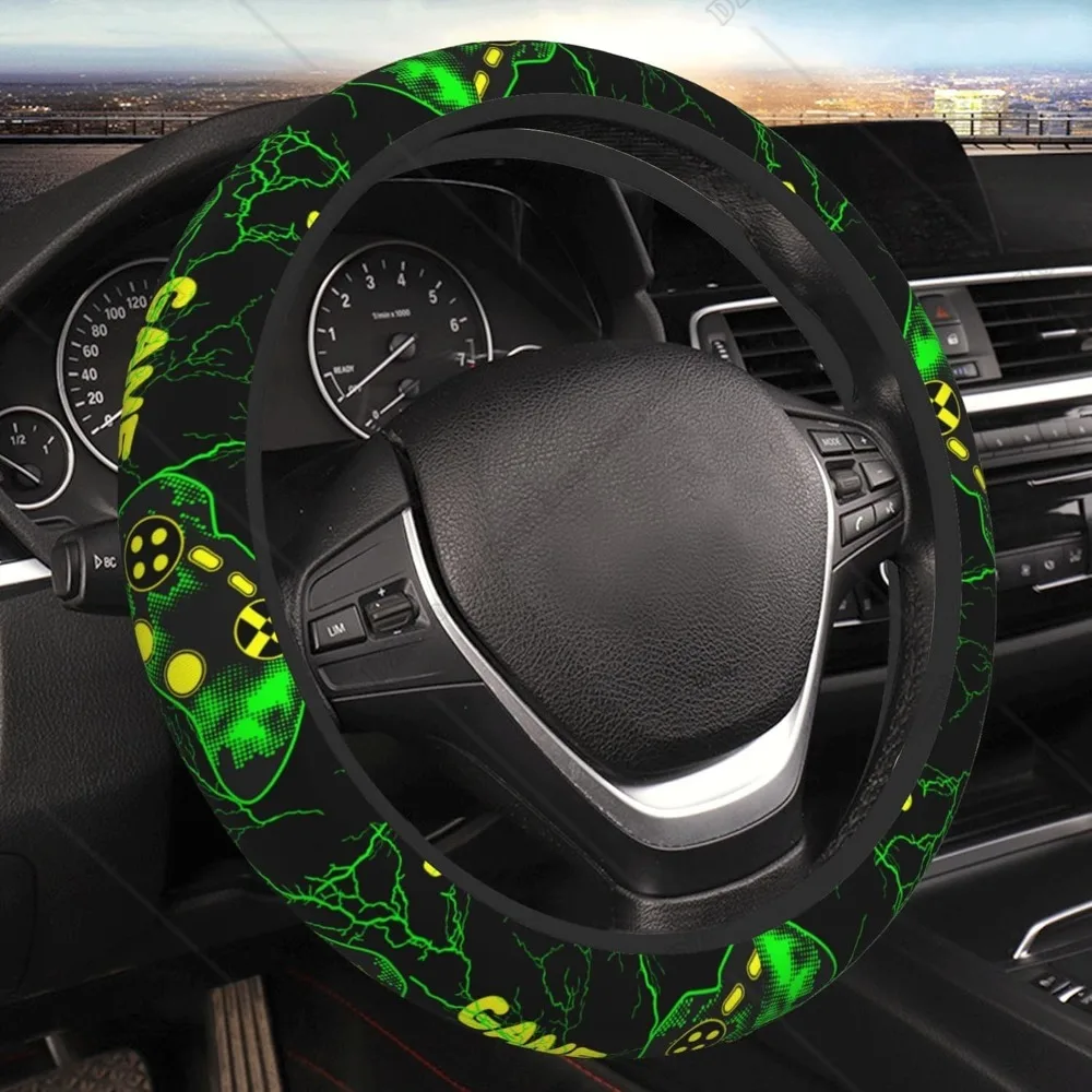 Cool Green Video Game Weapon Pattern Car Steering Wheel Cover Universal Standard 15 Inch Car Decoration Accessories