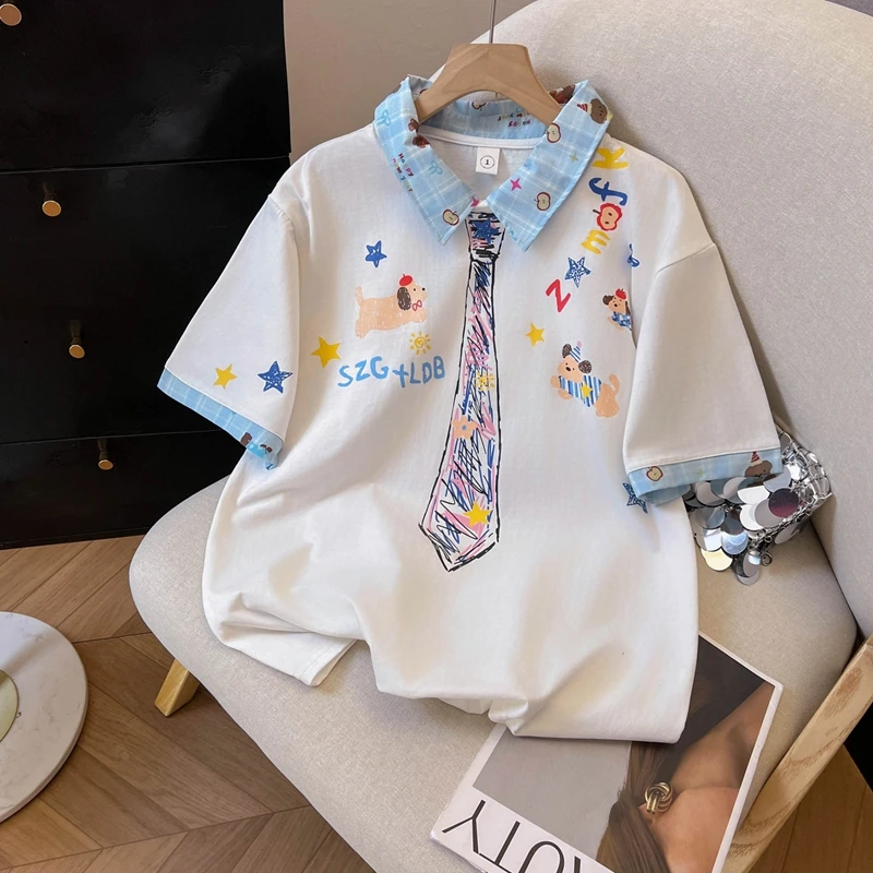 2025 صيف جديد متعدد الاستخدامات نمط Preppy المتخصصة الكرتون الكتابة على الجدران المتخصصة اقتصاص التلبيب فضفاضة قصيرة الأكمام شيك Ins تي شيرت #3